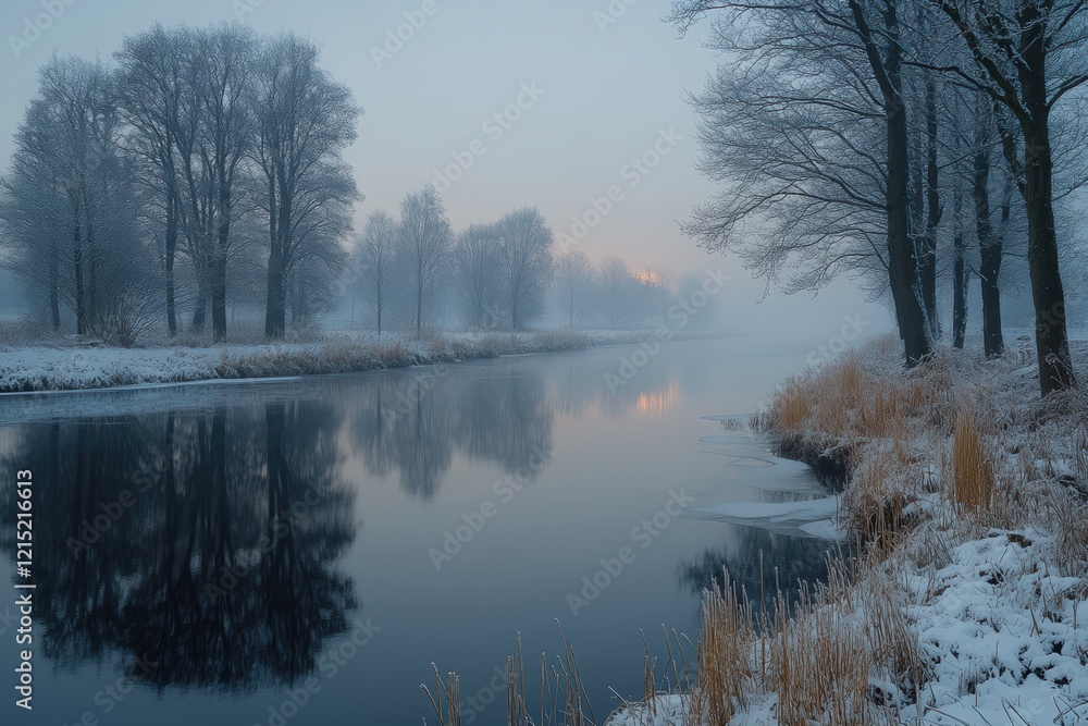 Fog envelops a quiet river surrounded by snow-covered trees in the early morning light Fog envelops a quiet river surrounded by snow-covered trees in the early morning light