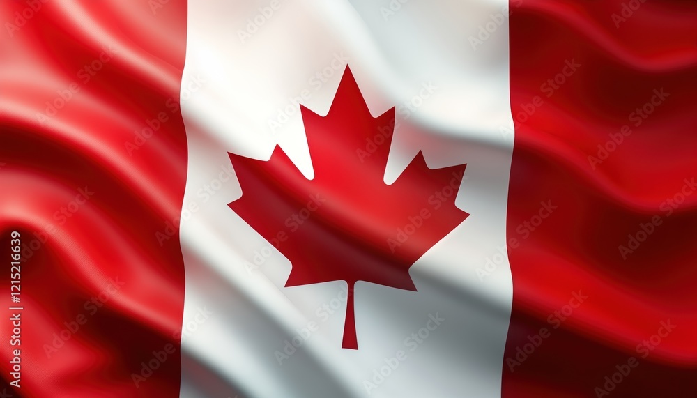Obraz premium Canadian flag illustration waving. National symbol of Canada. Red, white colors. Maple leaf design. Isolated on white background. Represents Canadian patriotism, national pride. Perfect for political