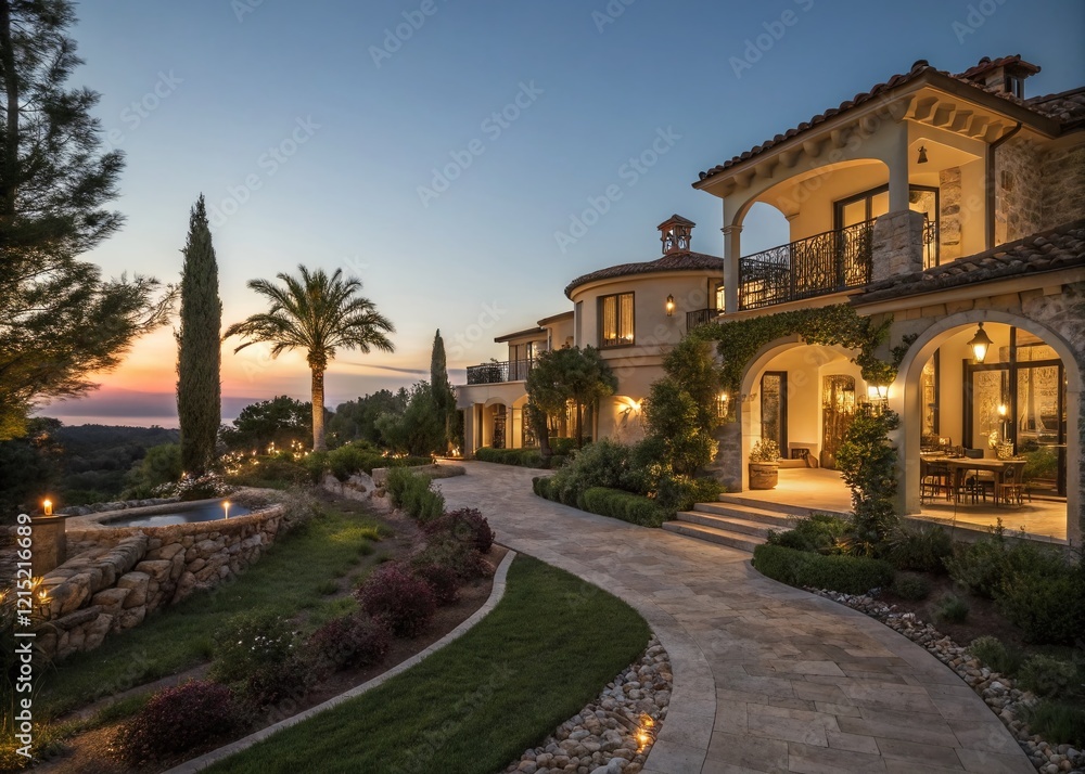 Luxurious Mediterranean Villa at Dusk: Night View of Elegant Home Exterior Luxurious Mediterranean Villa at Dusk: Night View of Elegant Home Exterior