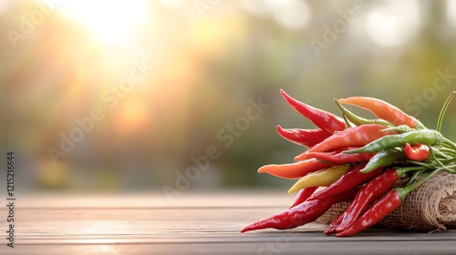 Fresh chili peppers sunset wooden table garden photo