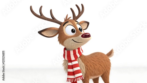 A cute and festive 3D render of a cartoon reindeer wearing a scarf, isolated on a white background. photo