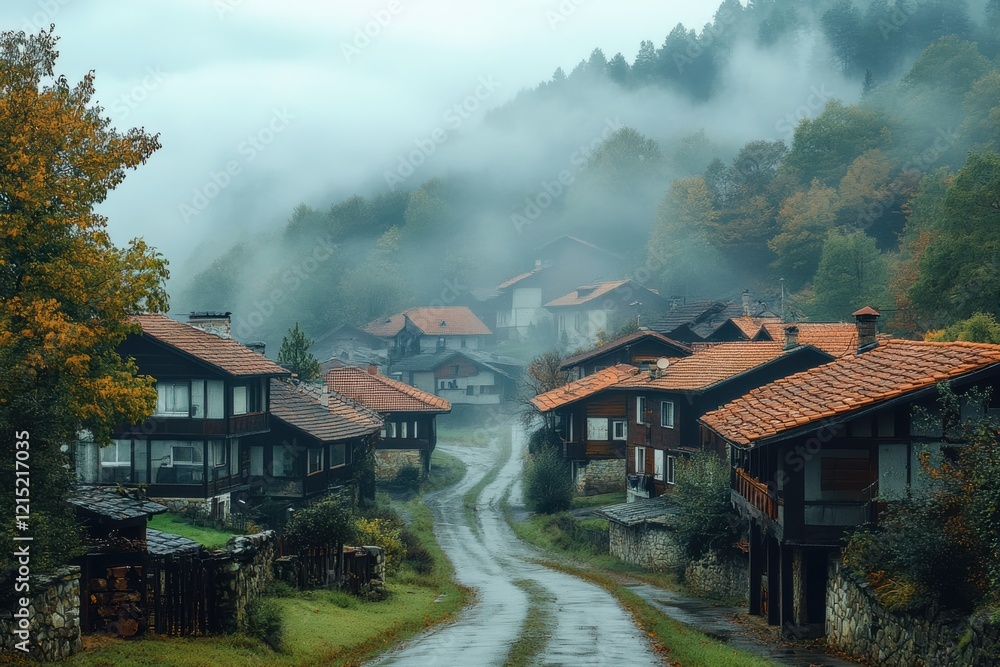 Fototapeta premium Fog blankets a serene village creating a tranquil atmosphere among the houses