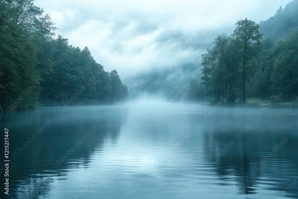 Fog blankets a tranquil river surrounded by lush trees in the early morning light Fog blankets a tranquil river surrounded by lush trees in the early morning light