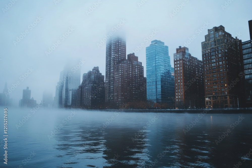 Fog blankets a city skyline, creating a mysterious atmosphere over the riverbank Fog blankets a city skyline, creating a mysterious atmosphere over the riverbank