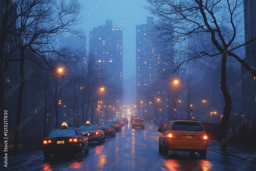 Obraz premium Fog envelops city streets at night with illuminated buildings and parked taxis