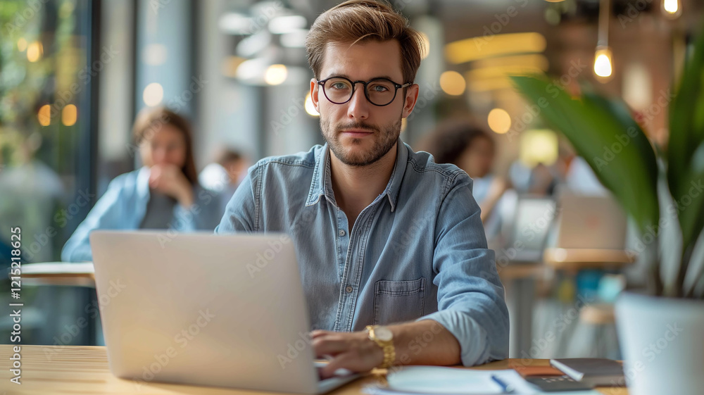 A man is sitting at a table with a laptop in front of him A man is sitting at a table with a laptop in front of him