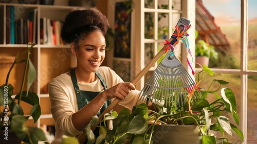Pretty young woman with gardening rake taking care of houseplant at home,