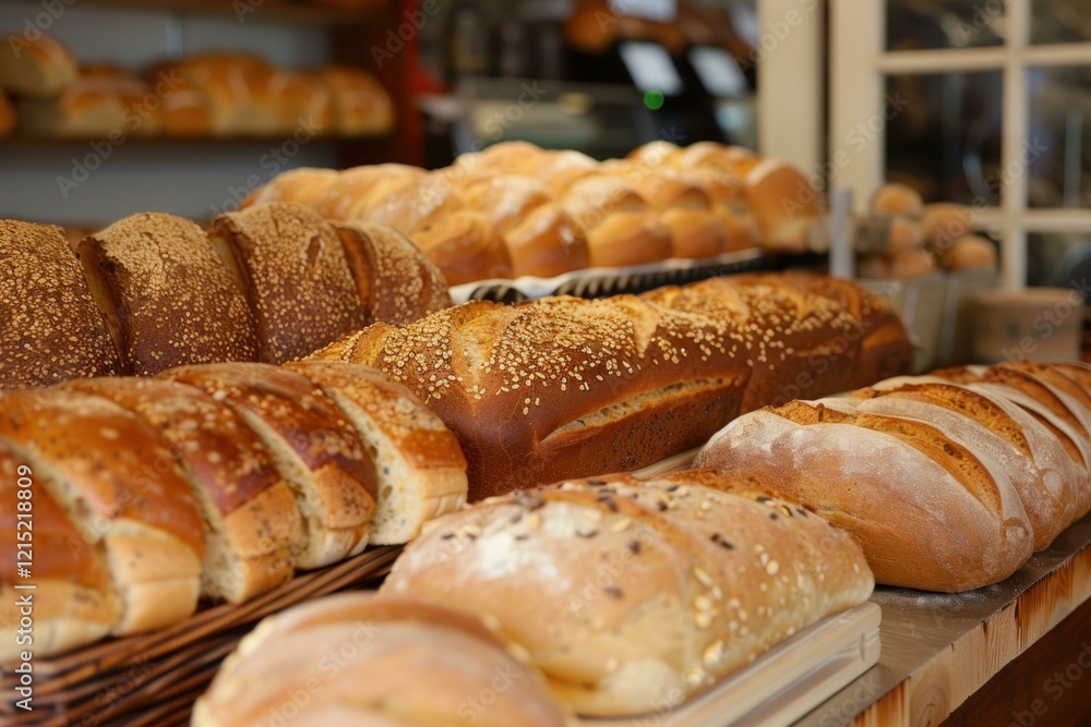 Variety of freshly baked loaves of bread, displayed on a wooden counter in a bakery, offering a tempting selection for customers Variety of freshly baked loaves of bread, displayed on a wooden counter in a bakery, offering a tempting selection for customers