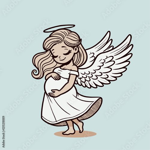 A cute pregnant angel with wings and a halo, dressed in a flowing dress, holding her belly with a gentle smile. Isolated vector illustration.
