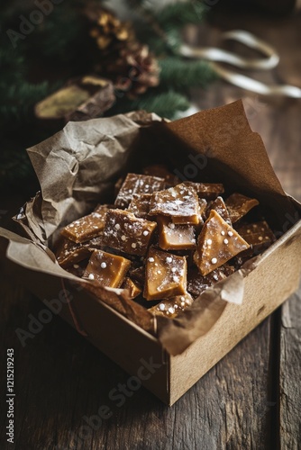 A rustic gift box filled with handmade English toffee pieces dusted with powdered sugar, surrounded by festive decor on a wooden surface photo