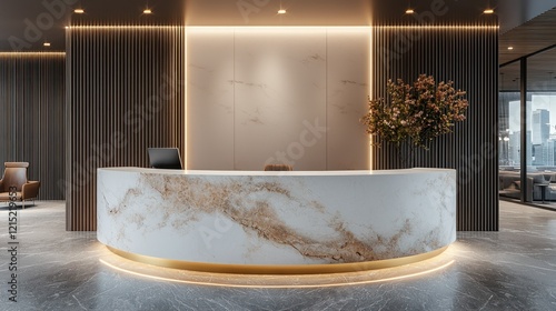 Empty marble reception desk in modern office lobby with city view