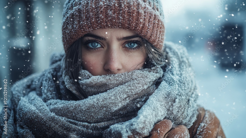 Winter's Embrace - A young woman with striking blue eyes, bundled in a warm hat and scarf, stands in a snowy landscape. The image evokes a sense of winter's chill and beauty. Winter's Embrace - A young woman with striking blue eyes, bundled in a warm hat and scarf, stands in a snowy landscape. The image evokes a sense of winter's chill and beauty.