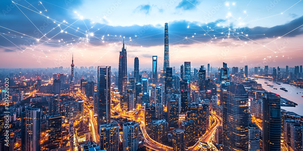Fototapeta premium Evening Glow Over a Sprawling High-Tech Skyline