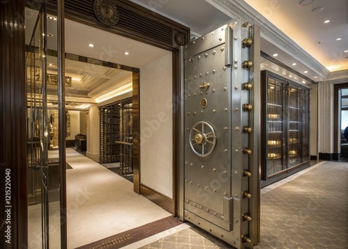 Luxurious Walk-In Safe Room with Bokeh Lighting - High-End Security Vault Interior photo