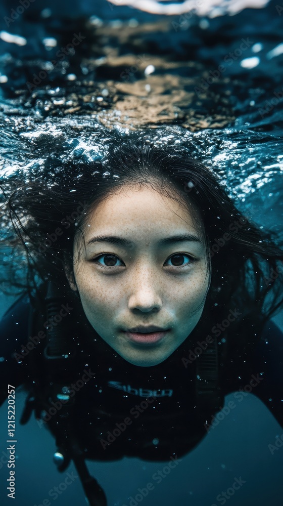 Fototapeta premium Underwater Serenity: A Woman's Tranquil Dive
