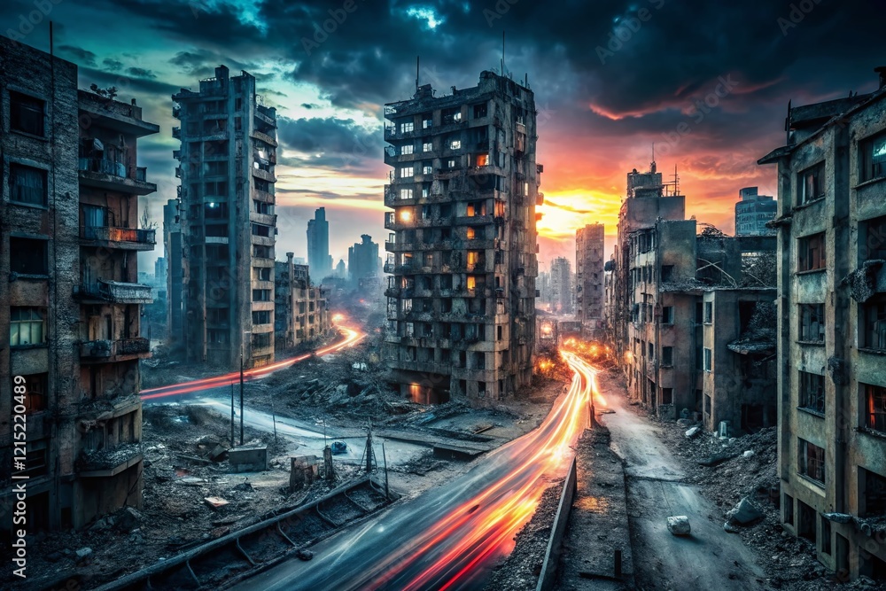 Naklejka premium Post-Apocalyptic Cityscape: Long Exposure Ruins at Night