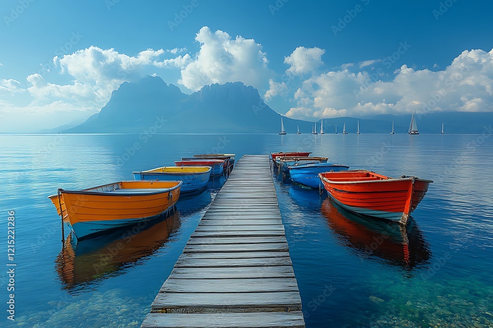 Naklejka premium Colorful Boats Moored at a Wooden Dock Lakeside Mountain View