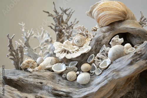 Intricate coastal sculptures made from collected driftwood and seashells photo