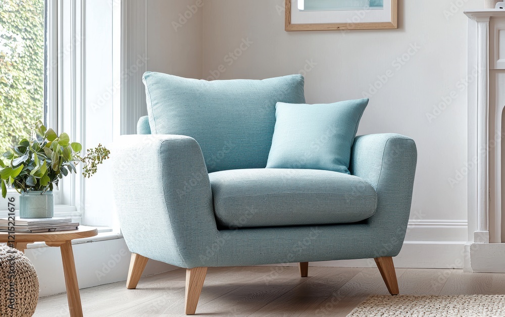 Fototapeta premium A Scandinavian-style armchair with a light oak frame and pastel blue cushions, placed in a bright and cozy reading nook