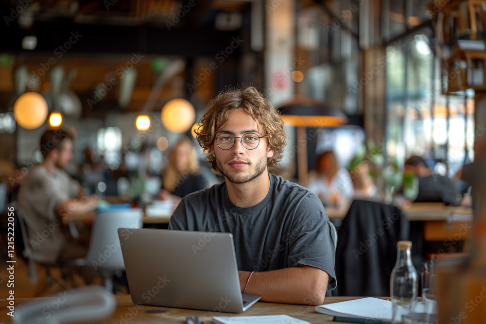 Obraz premium A young man sits at a table with a laptop open in front of him