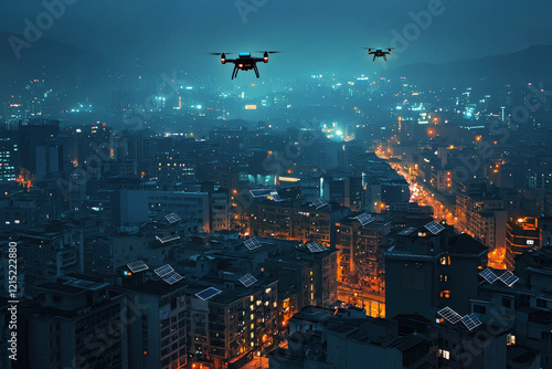 Futuristic cityscape illuminated by solar-powered lights with automated drones at night photo