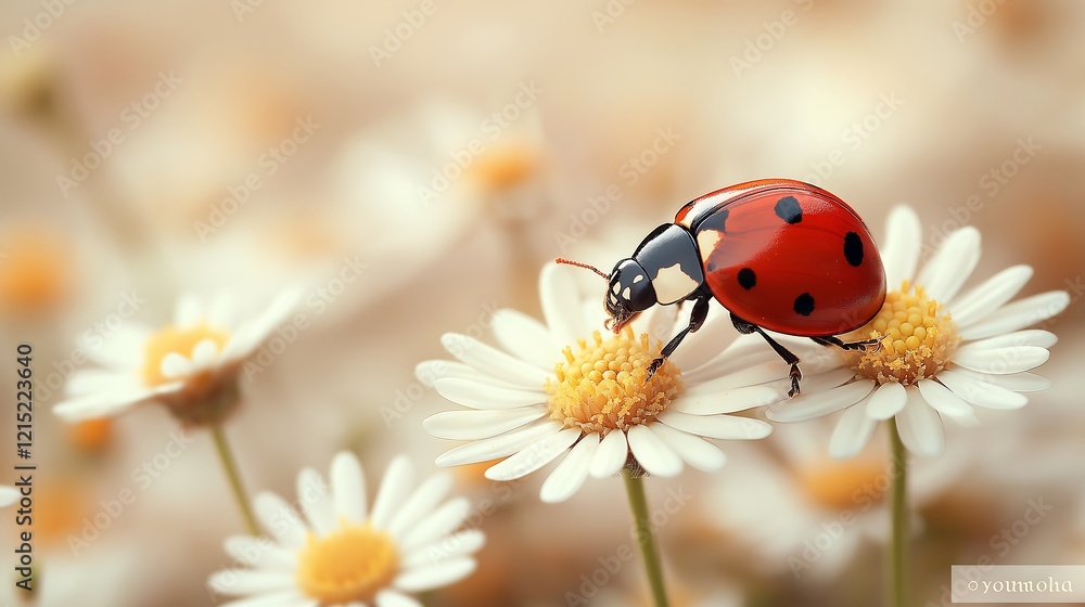 red ladybug on camomile flower, ladybird creeps on stem of plant in spring in garden in summer red ladybug on camomile flower, ladybird creeps on stem of plant in spring in garden in summer