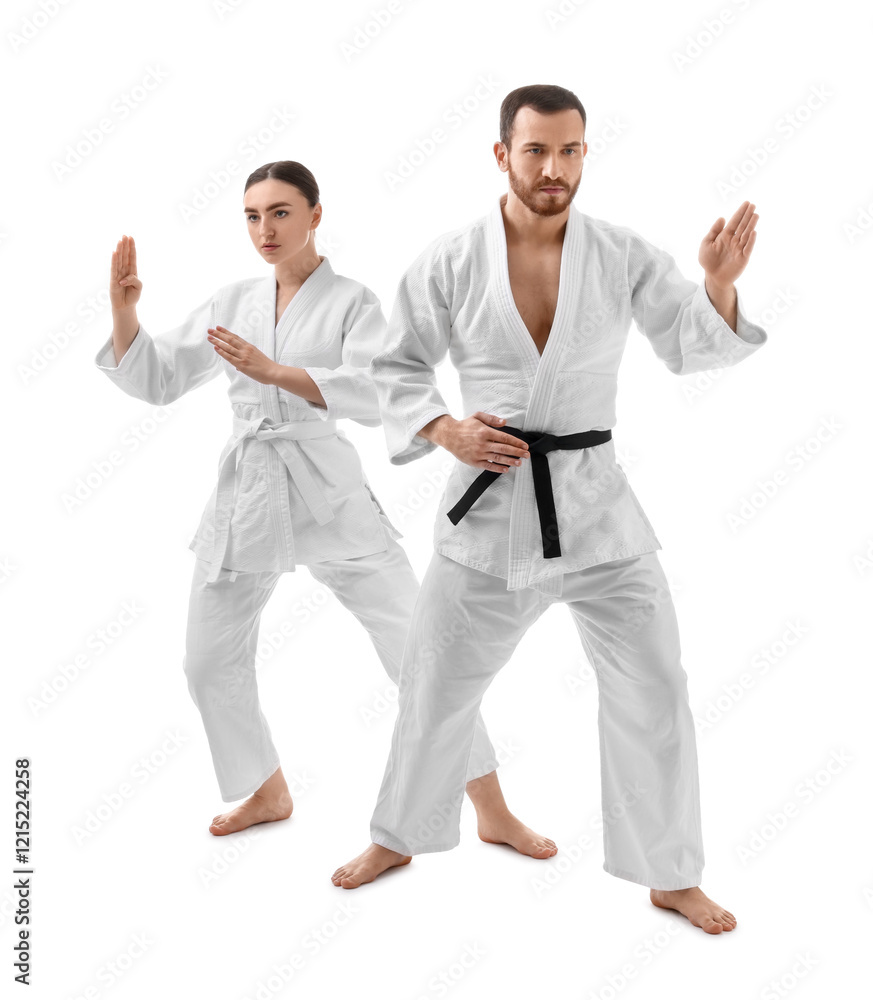Karate fighters in uniform on white background Karate fighters in uniform on white background