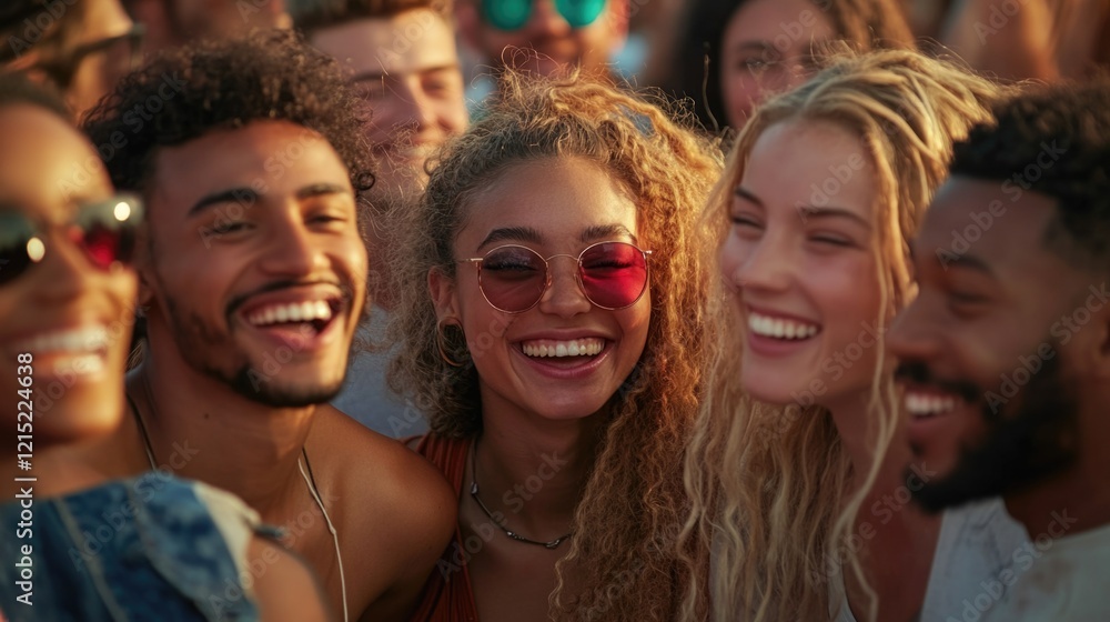 Fototapeta premium A group of people are smiling and wearing sunglasses. Scene is happy and fun