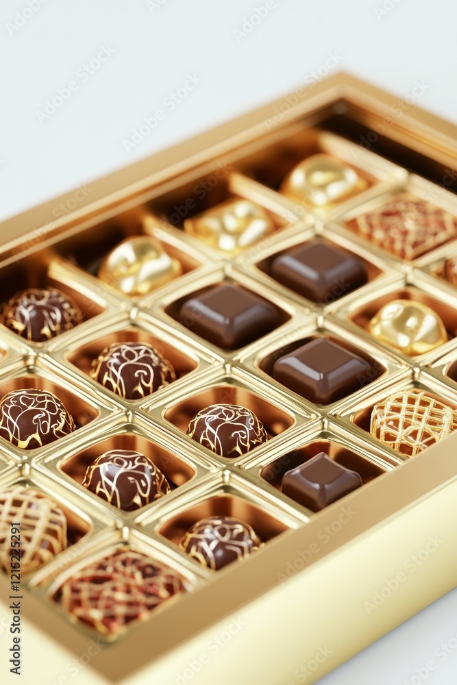 Luxurious box of intricately designed gourmet chocolates with golden accents, showcasing elegance and premium craftsmanship