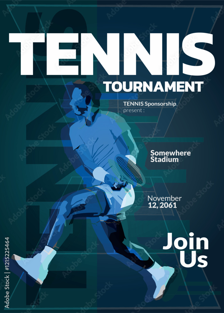 Obraz premium Tennis Tournament poster with elegant minimalist style and dark green theme as background, with illustration of tennis players in action, very elegant for a sporty, active and dynamic sports poster.