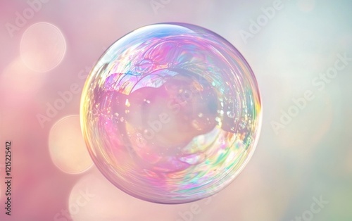Close-up of a shimmering soap bubble with swirling neon hues and soft reflections