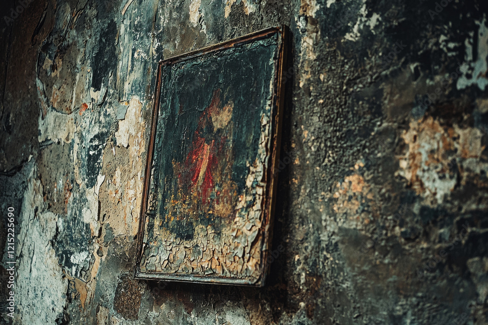 Haunting decay of a forgotten painting on a crumbling wall in an abandoned space Haunting decay of a forgotten painting on a crumbling wall in an abandoned space