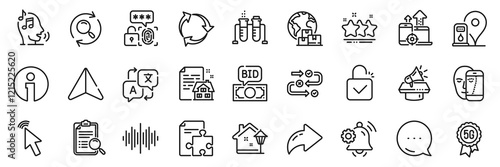 Cursor, 5g technology and Lock line icons pack. Share, Message, Paper plane icons. Survey progress, Petrol station, Street light web icon. Sound wave, Translate, Strategy pictogram. Vector