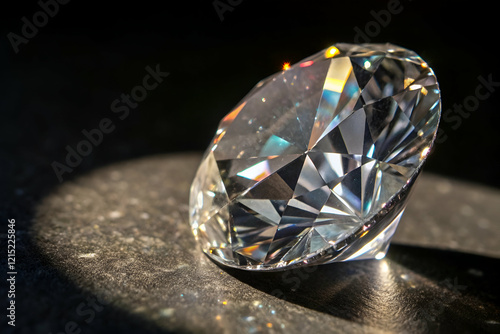 A sparkling diamond rests on a dark surface, reflecting light and showcasing its brilliant facets.