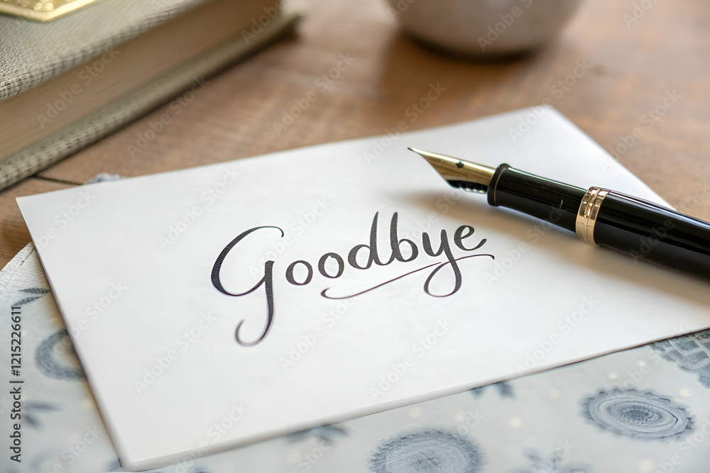 A pen rests beside a card reading A pen rests beside a card reading