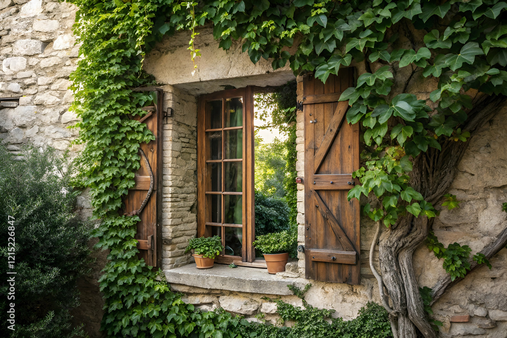 A rustic window framed by lush ivy and wooden shutters, revealing a glimpse of greenery outside, creating a serene, inviting atmosphere. A rustic window framed by lush ivy and wooden shutters, revealing a glimpse of greenery outside, creating a serene, inviting atmosphere.