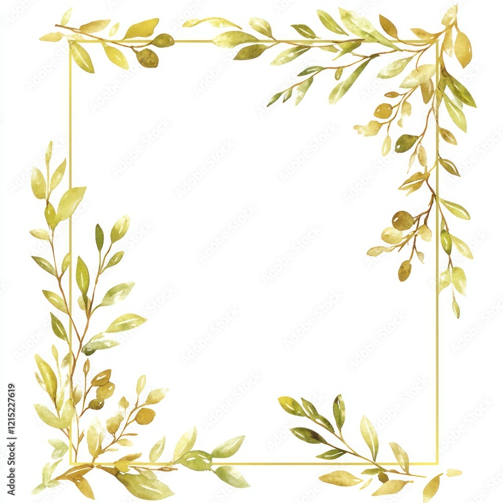 Golden Frame Watercolor Leaves Elegant Botanical Design Golden Frame Watercolor Leaves Elegant Botanical Design