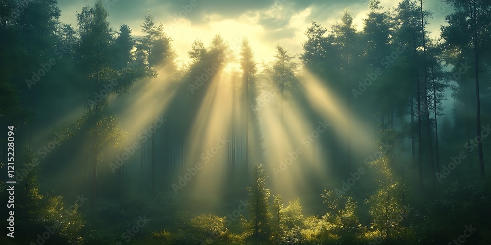 Sunbeams pierce misty forest. Sunbeams pierce misty forest.