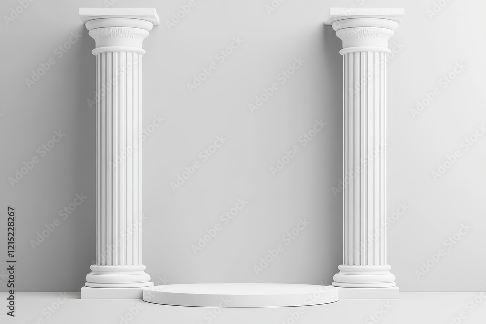 White columns frame pedestal, minimalist studio backdrop White columns frame pedestal, minimalist studio backdrop