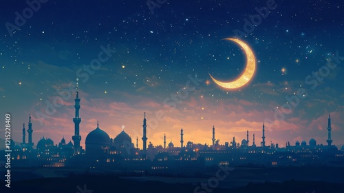 islamic holiday starry sky with moon over city mosque