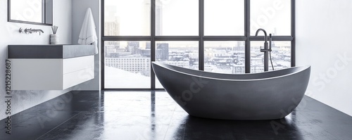 A chic bathroom outfitted with a matte slate gray bathtub and sink photo