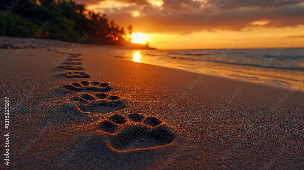 Footprints in Sand at Sunset Beach Scene Footprints in Sand at Sunset Beach Scene