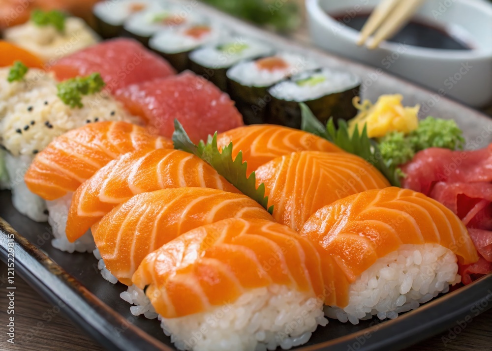 Macro Close-up of Uni and Salmon Sushi Set - Fresh Seafood Delicacy Macro Close-up of Uni and Salmon Sushi Set - Fresh Seafood Delicacy