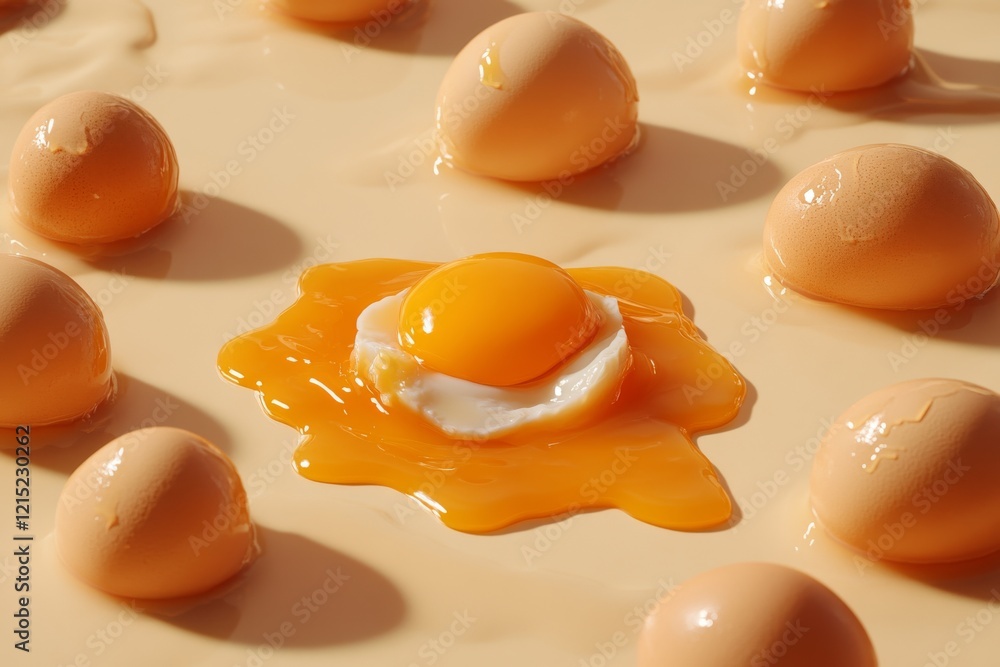 A minimalistic arrangement of whole and cracked eggs on a smooth surface with a bright yellow yolk and white spreading out A minimalistic arrangement of whole and cracked eggs on a smooth surface with a bright yellow yolk and white spreading out