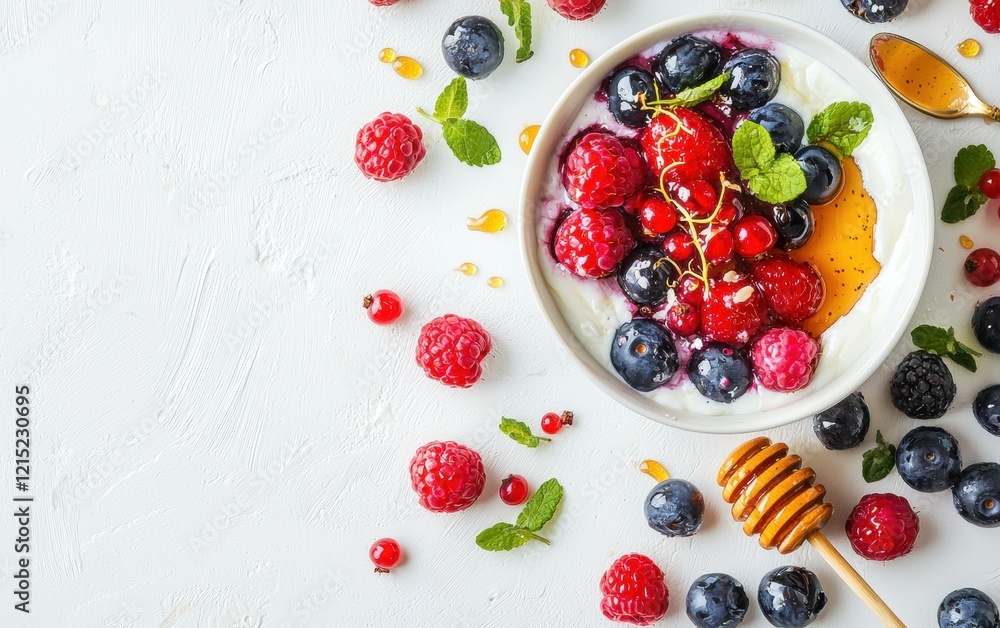 Greek yogurt and berry smoothie with honey drizzle, clean white background Greek yogurt and berry smoothie with honey drizzle, clean white background