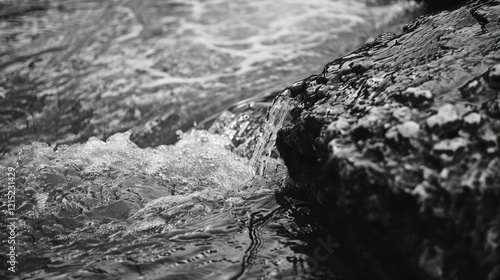 A black and white photo of a river with water flowing over a rock. The water is calm and clear, and the rock is large and jagged. Scene is serene and peaceful, with the water