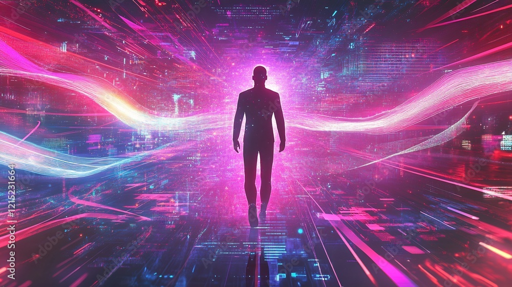 Digital Journey: A Silhouette Walking Through a Neon-Drenched Cyberspace Digital Journey: A Silhouette Walking Through a Neon-Drenched Cyberspace