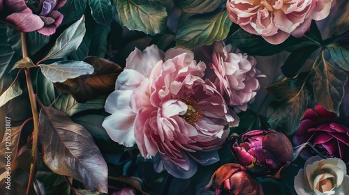 Fototapeta Naklejka Na Ścianę i Meble -  Vibrant floral arrangement of peonies in a garden setting.