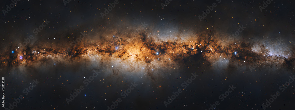 Fototapeta premium Panoramic view of the Milky Way galaxy with stars and galaxies, dark background, dark blue and purple tones, with a grainy texture.
