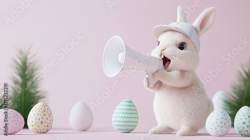 A cheerful white rabbit wearing a cap and holding a megaphone announces a celebration surrounded by decorative Easter eggs and soft pine branches, set against a pastel pink background